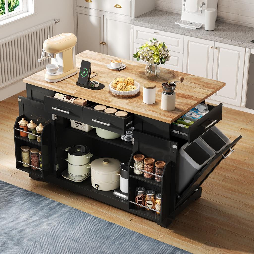 138 cm, Isola da Cucina con Piano di Lavoro Pieghevole, Ruote Silenziose, Presa EU, Ripiani Regolabili e Scomparto Rifiuti Estraibile - Nero con Effetto Legno