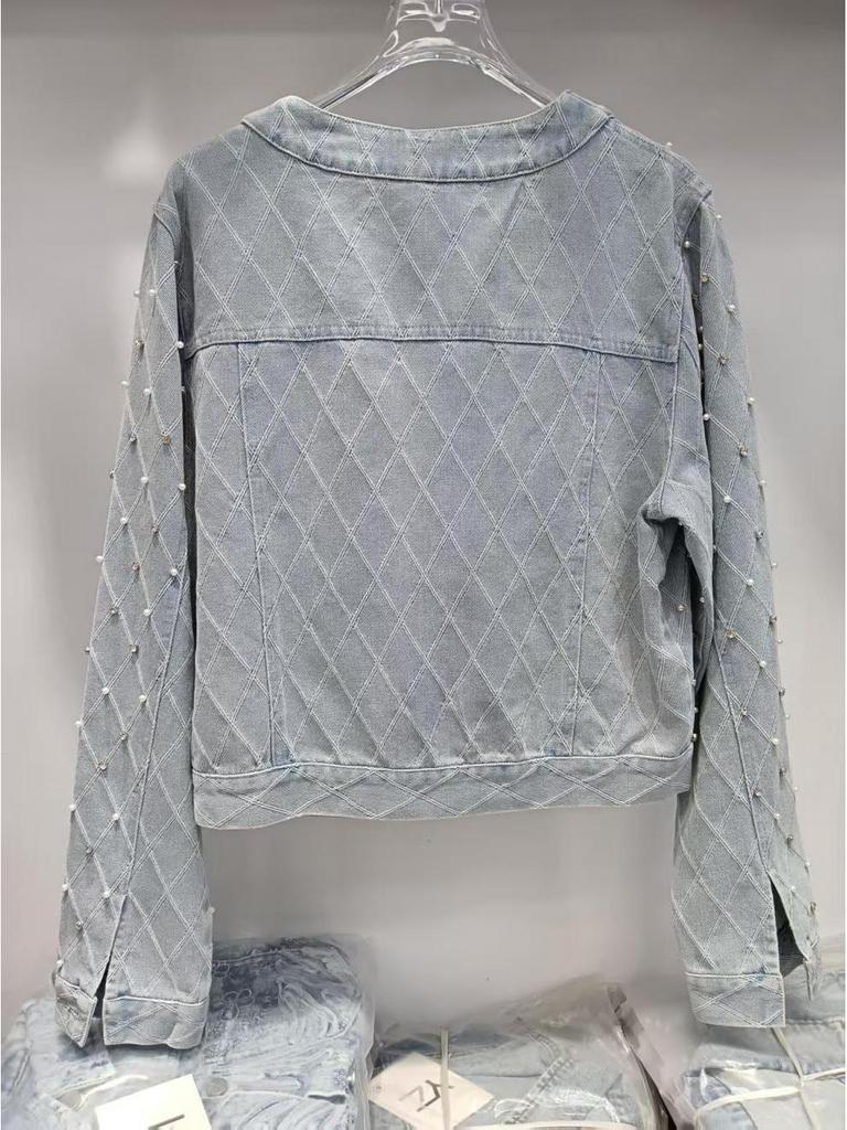 2025 Spring/Fall Beaded Slim Denim Jacket with Diamond Quilting