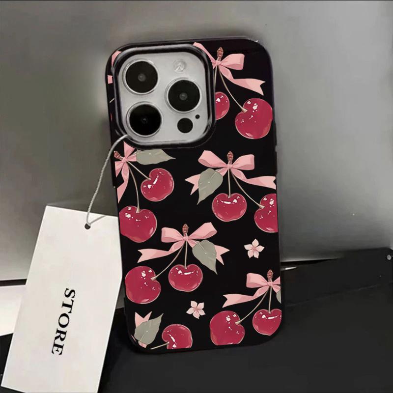 

Sweet Cherry Pink Bow Black Background Pattern Design Protective Cover for iPhone 17 16 15 14 13 12 11 Series Pro Max Plus iphone 11 ProMax