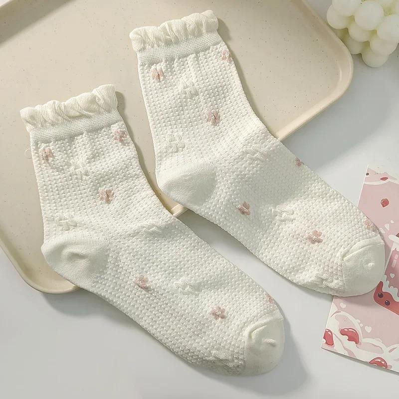Simple White Socks Versatile Lovely Bowknot Small Flowers Women's Medium Tube Socks kawaii Harajuku jk Lolita Girls Cotton