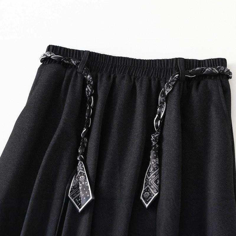 Qooth A Line Skirt Midi Length with Scarf Belt Korean Casual Style Heavyweight Fabric QT2736
