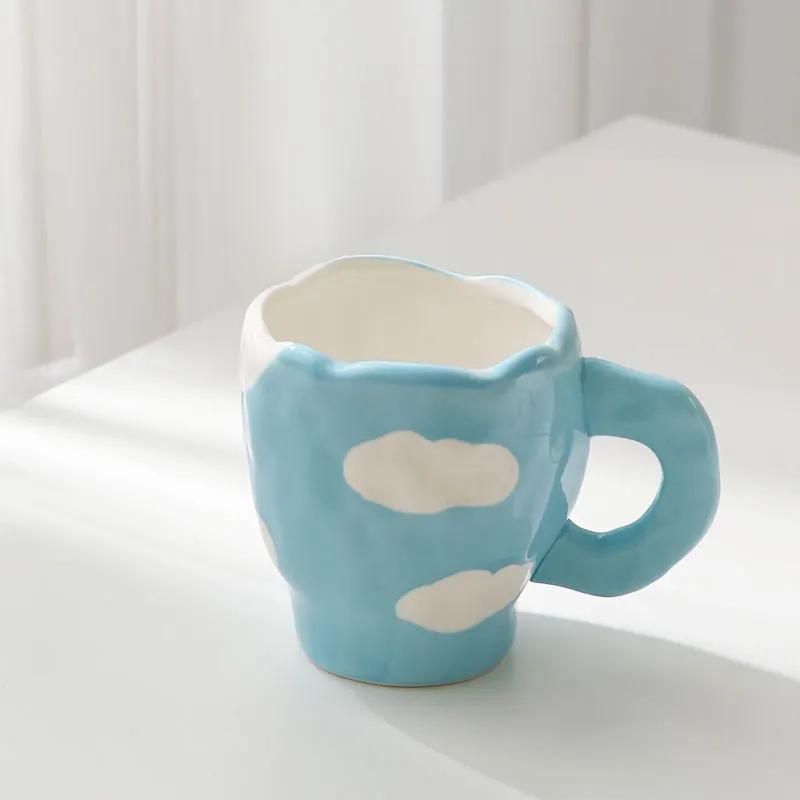 Japanese Hand Painted The Blue Sky and White Clouds Coffee Cup with Saucer Ceramic Handmade Tea Cup Saucer Set Cute Gift for Her