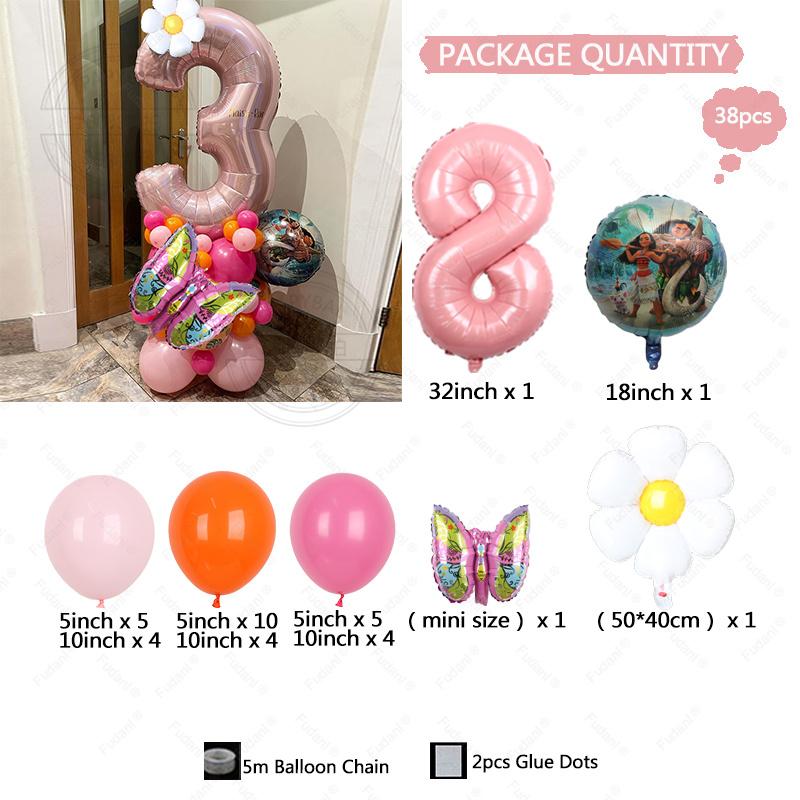 38PCS Ocean Adventures Moana Balloon Column Set 32inch Pink Number Daisy Foil Globos 1-9st Girl Birthday Party Home Decorations