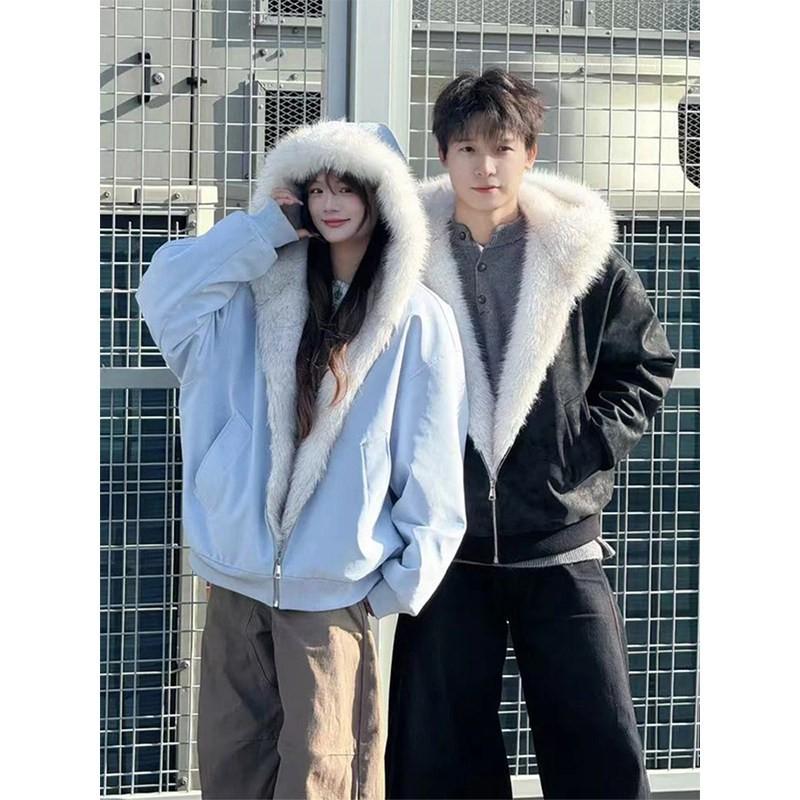 Unisex Hooded Fleece-Lined Cotton Puffer Jacket Winter Warm Short Coat Men Women Casual Streetwear