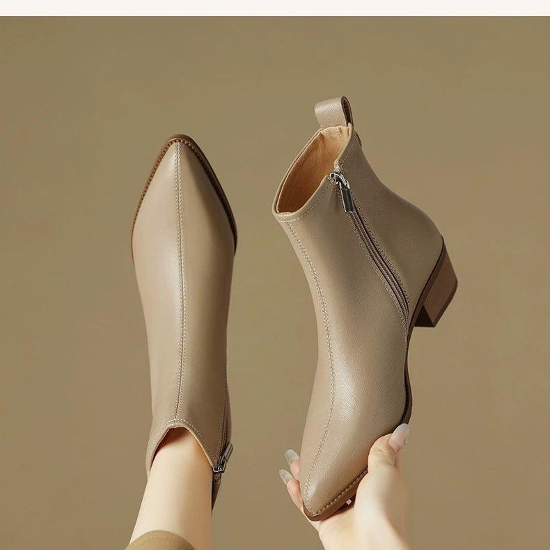 Ghete de gleznă de toamnă pentru femei cu vârf ascuțit, din piele de oaie, cu toc mediu, gros și căptușeală de catifea