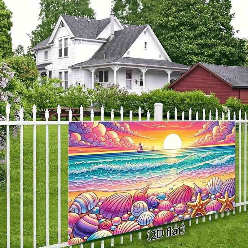 2D Ocean Party Backdrop, Colorful Seashell Beach Sunset Background for Studio