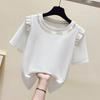 Summer Woman Clothing Slim Versatile T-shirt Korean New Ruffles Short Sleeve Beading Round Neck Female Basic Fashion Casual Tops