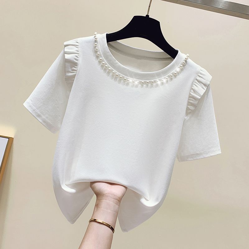 Summer Woman Clothing Slim Versatile T-shirt Korean New Ruffles Short Sleeve Beading Round Neck Female Basic Fashion Casual Tops