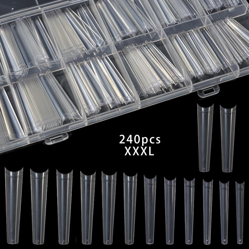 

240 шт./кор. XXXL прямые конические квадратные удлиненные акриловые типсы прозрачные без С-образного изгиба полупокрытие искусственные накладные ногти инструмент