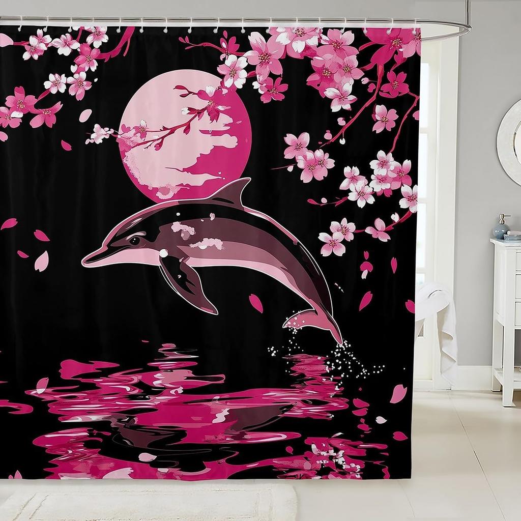 Japanese Cherry Blossom Capybara Fabric Shower Curtain,Pink Sakura Floral Moon Shower Curtain,Kids Bathroom Decor,Capybara