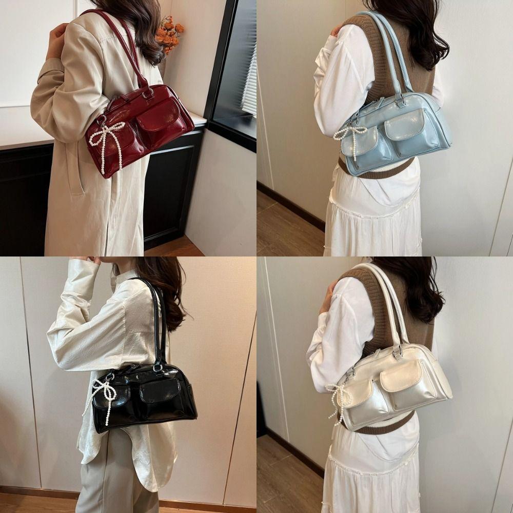 Solid Color Pocket Boston Tote Bag Korean Style Underarm Bag Mini PU Bowling Bag  Girls