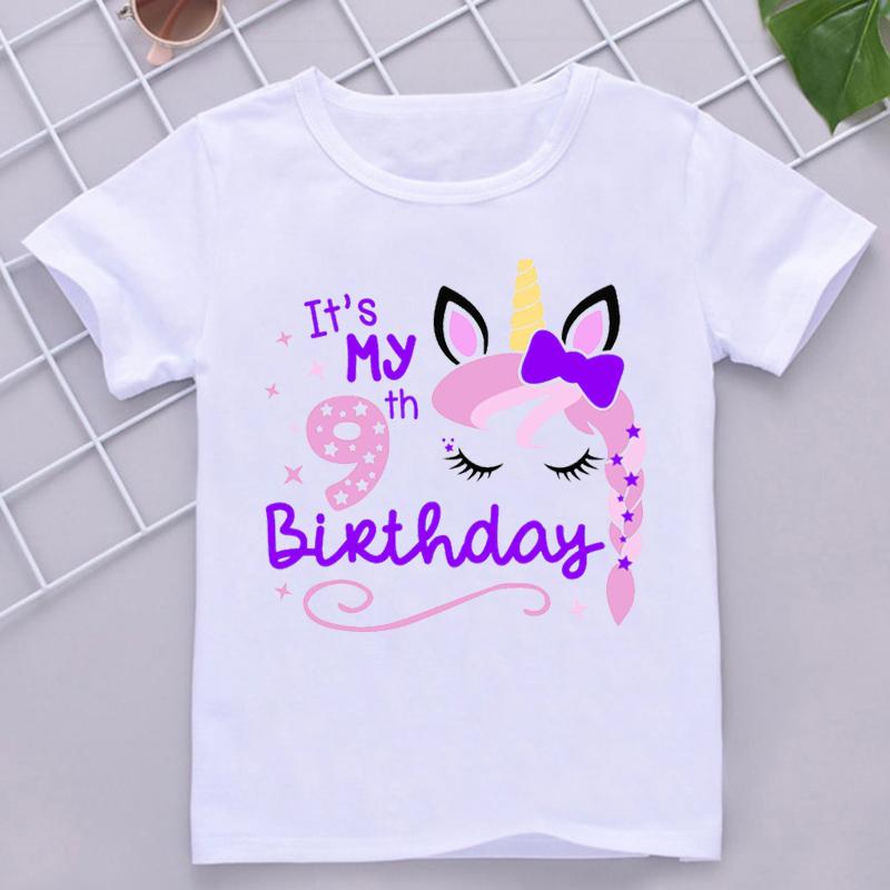 Kawaii Unicorn Face Eyelashes Number Tshirt It's My 3-9th Birthday T Shirt Kids Clothes Girl T-Shirt Short Sleeve T-Shirts