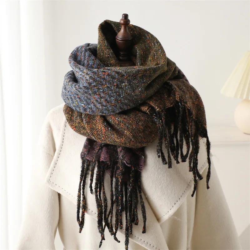 

Соответствующий геометрический полосатый шарф, имитация кашемира, зимние теплые шарфы для мужчин и женщин, утепляющий шею, мягкая шаль с кисточками 210x60cm