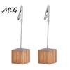 Metal Pole Memo Stand 2 Pcs Wooden Cube Base Holder with Clips, Mini Table Smooth Open Close Clip Number Stands for Name Cards, Photos, Memos,