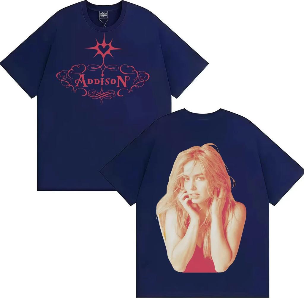 T-shirt Stampata Double Sided di Addison Rae Uomo Donna Punk Harajuku Cotone Puro Girocollo Y2K Manica Corta