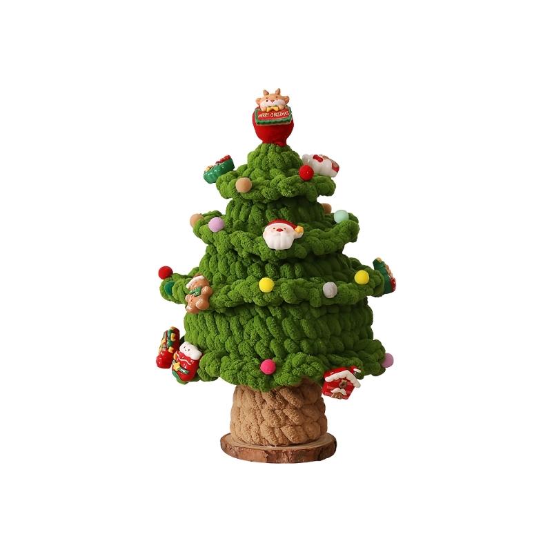 Crafted Holiday Knitted Christmas Tree Wooden Base Ornament Featuring Holiday Accents For Desktop Decoration