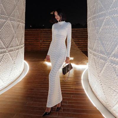 Autumn and Winter Women's Sexy Perspective Slim-fit High-neck Long Sleeve Solid Color Long Skirt Temperament Dress