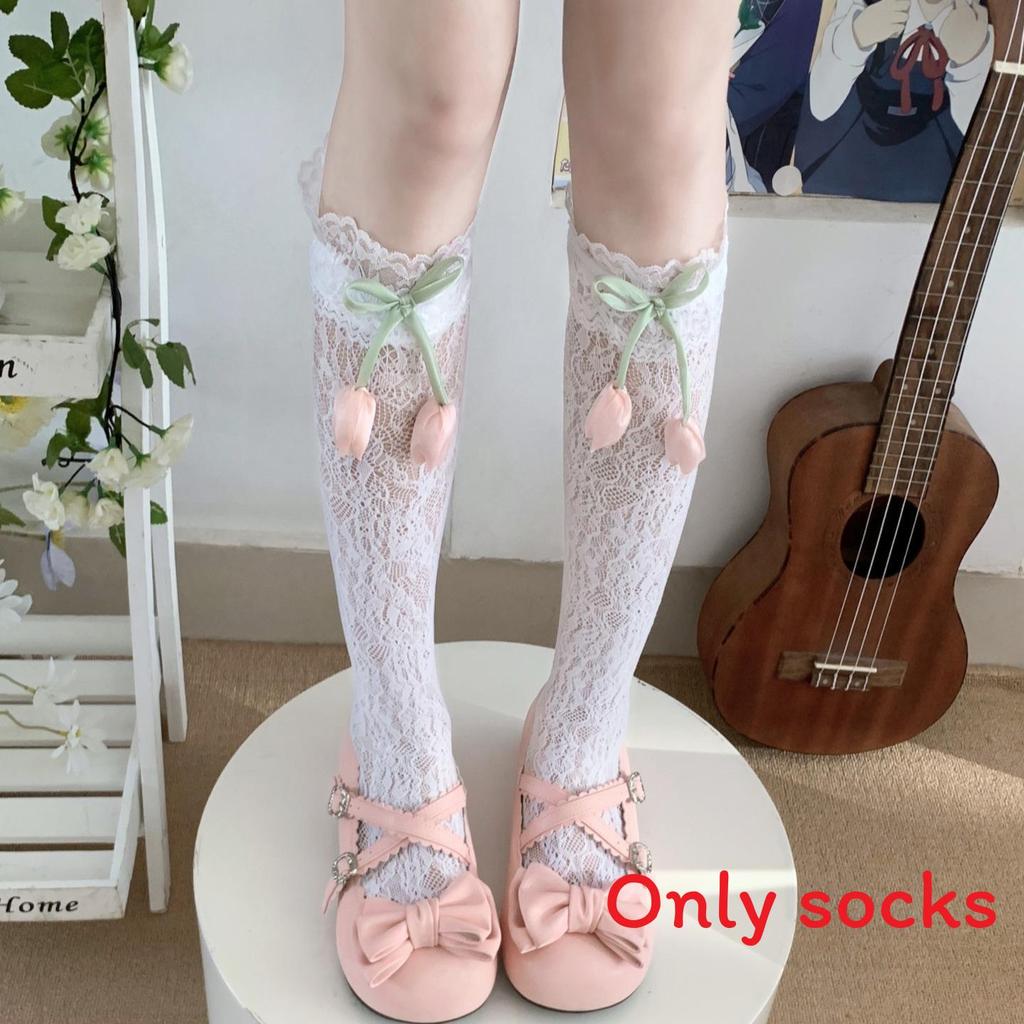 Lolita Sweet Spring Summer Knee High Socks With Lace Border And Bow For Girls