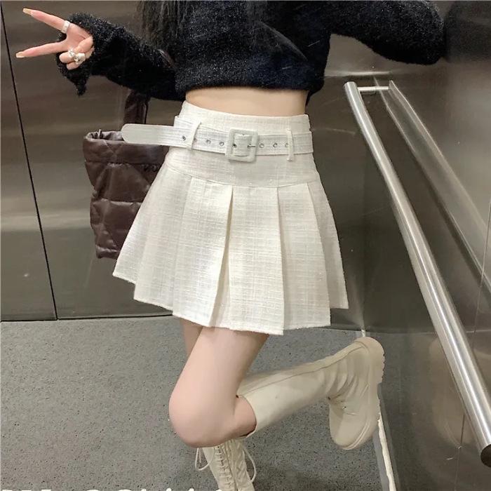 Women's High-Waisted Pleated A-Line Midi Skirt with Belt - Retro Style for All Seasons