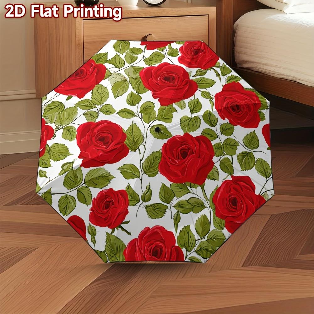 

1pc, 2D Plane Printing Folding Umbrella individuation Decoration Elegant red rose with green leaves for Umbrella for All Occas (as the picture,iron&8K)