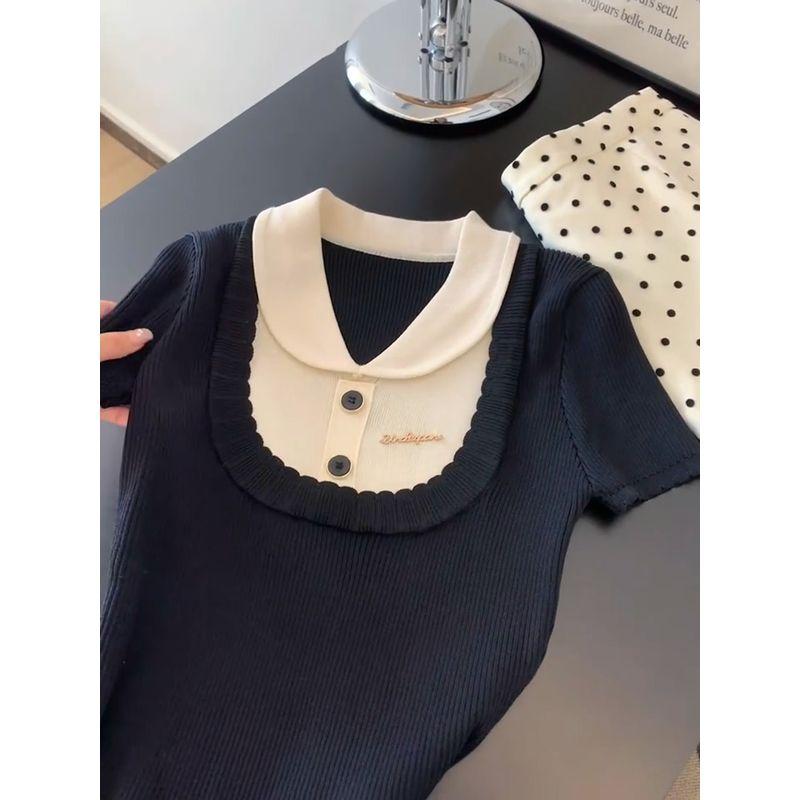 The Fabric Is Soft and Not Tied at All! Korean Retro Style Girlish Style Slimming Contrast Color Peter Pan Collar Short Sleeve Knitwear