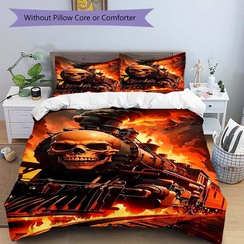 3pcs Skull Train Locomotive Comforter Set with One Quilt Cover and Two Pillowcases (No Core) - Anime Cartoon Design for Bedroom Decor.F064 135x200cm
