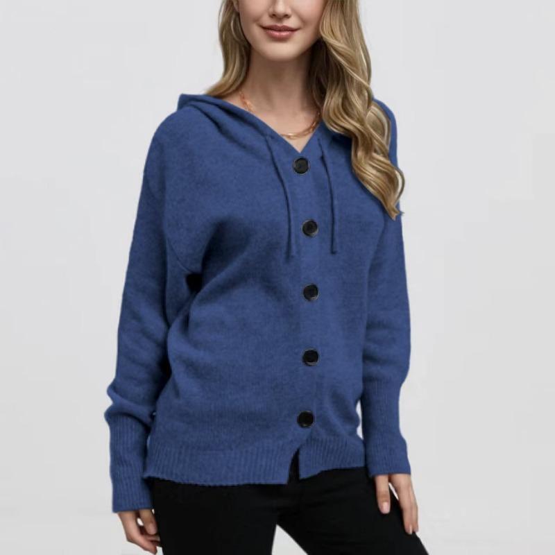 Women S Solid Color Hooded Single Breasted Long Sleeve Knit Cardigan Sweater