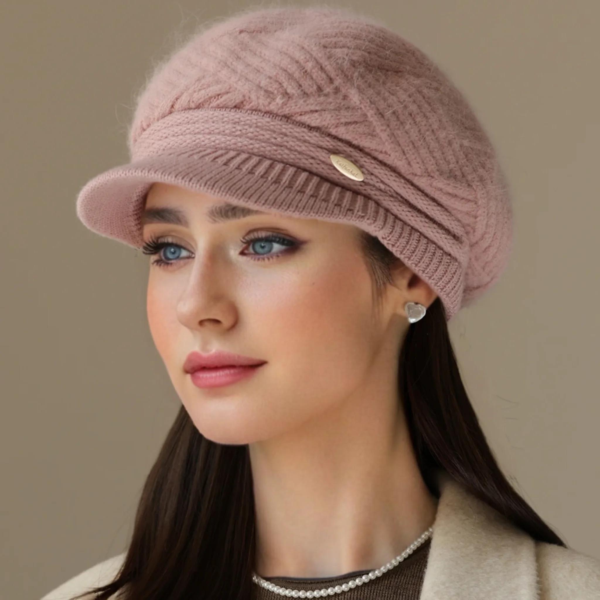Damen Wintermütze Einfaches Linienmuster Plüschgefütterte Kappe Für Damen Lässig Kaninchenfellmischung Streetwear Strickmütze brown
