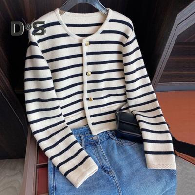 Maglione lavorato a maglia a righe da donna ragazza o-collo maniche lunghe giacca monopetto morbido cardigan allentato tinta unita donna autunno inverno vestiti a maglia
