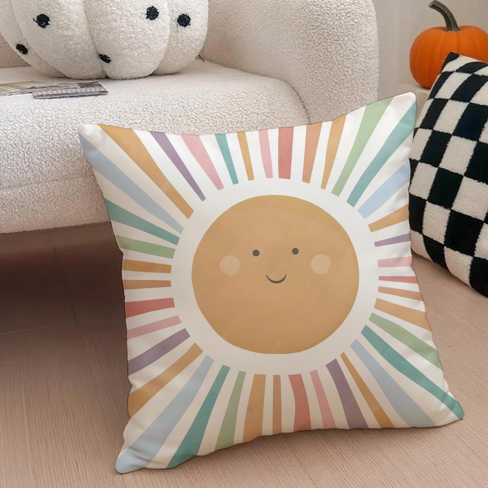 Colorful Cheerful Art Cartoon Rainbow Sun Cushion Cover Throw Pillow Cover Hidden Button Durable Polyester Chair Cushion