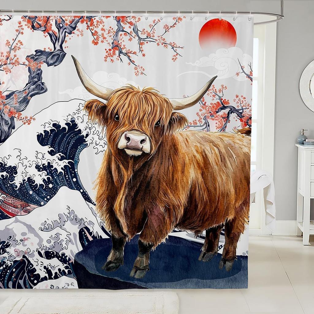 Cartoon Lion Shower Curtain for Kids Boys Girls Japanese Style Waterproof Bathroom Curtain, Vintage Ukiyoe Bath Curtain Ocean