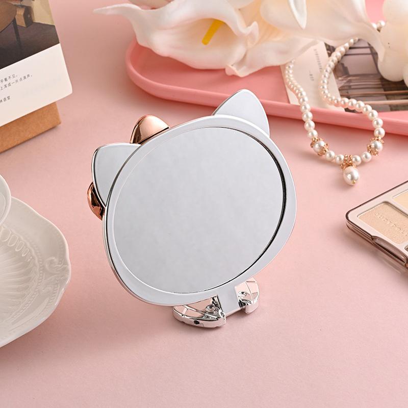 Compact Silver Handheld Folding Makeup Mirror with Cat Design