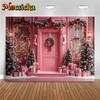 Mocsicka Pink Christmas Home Background Photography Gifts Snow Door Kid Xmas Tree Backdrop Party Shooting Room Decoration Studio