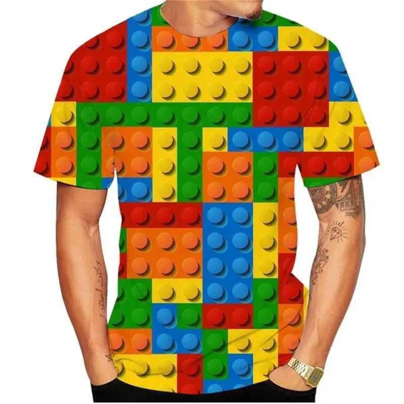 Summer Round Neck 3D Building Blocks Pattern Print T-shirts Fashionable Casual Short Sleeved Men's T-shirts