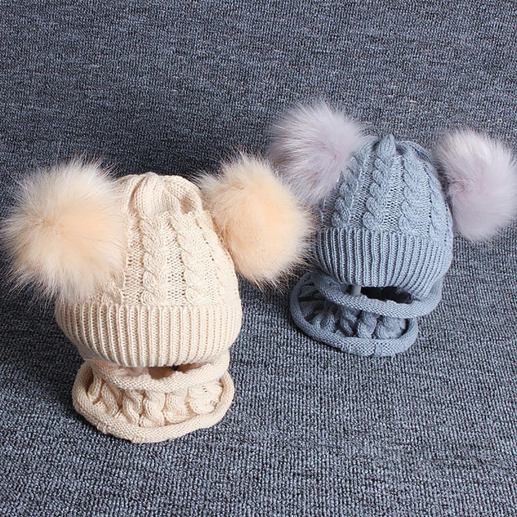 Children Beanie Pompom Neck Knitted Warm Hat Winter Scarf Set
