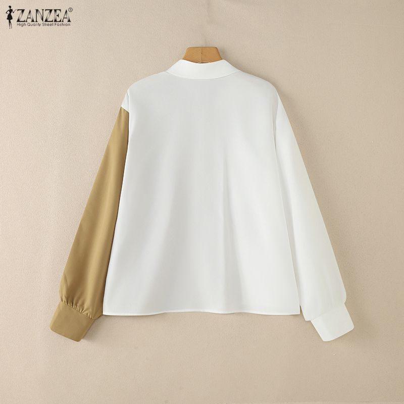 ZANZEA Blusa informal de retales de manga larga con cuello vuelto para mujer