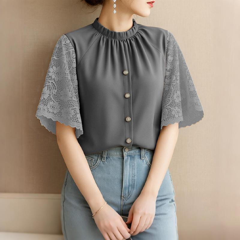 ZANZEA Women Casual Round Neck Lace Splice Short Sleeve Blouse Summer