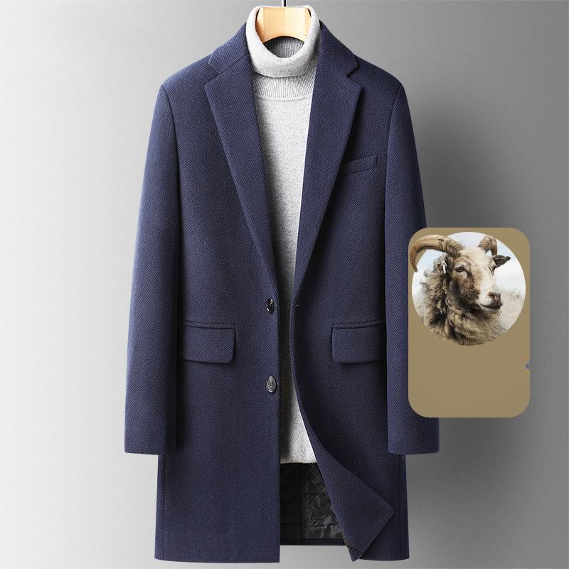 

Нове осінньо-зимове вовняне пальто з твілової чоловічої тканини. Чоловіча вовняна вітрівка середньої довжини. Чоловіча куртка з потовщеного вовни. 4XL темно-синього кольору