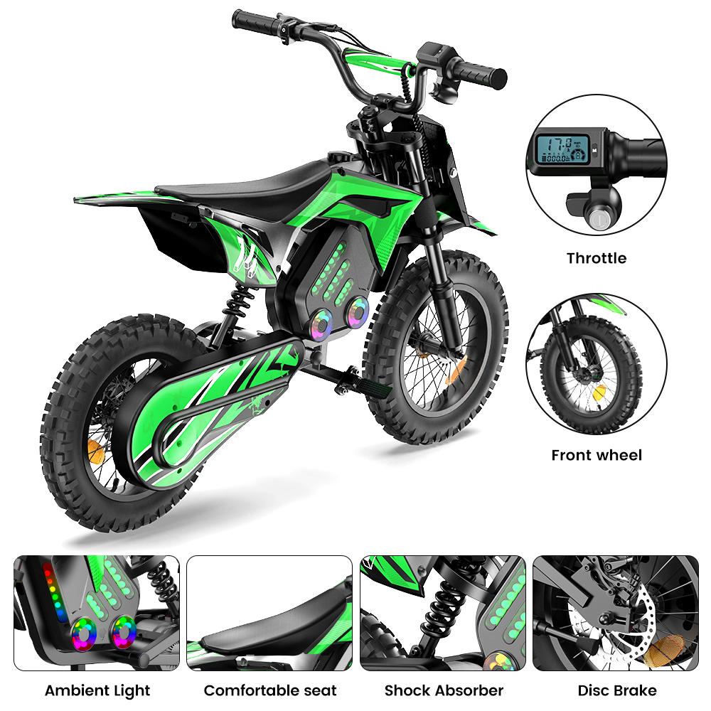 A14 Kids ELECTRIC DIRT BIKE 14 Inch 500W Motor 36V5.2Ah Battery 20-22km Range Shock Absorption, Bluetooth LED Lights