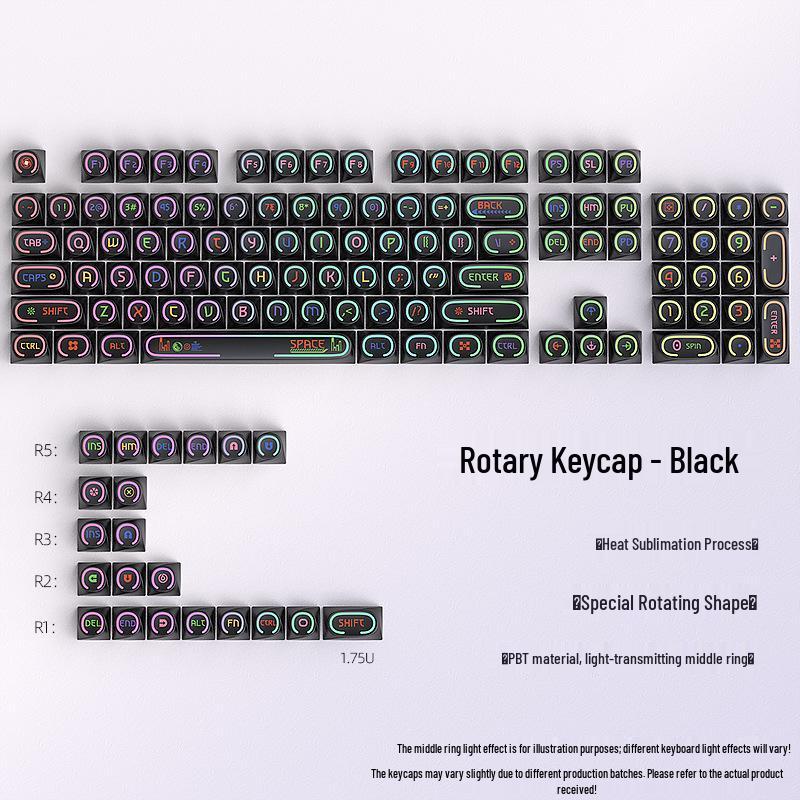 Height 125 PBT Dye-Sublimation Black/White Rotary Keycaps for DIY Mechanical Keyboards