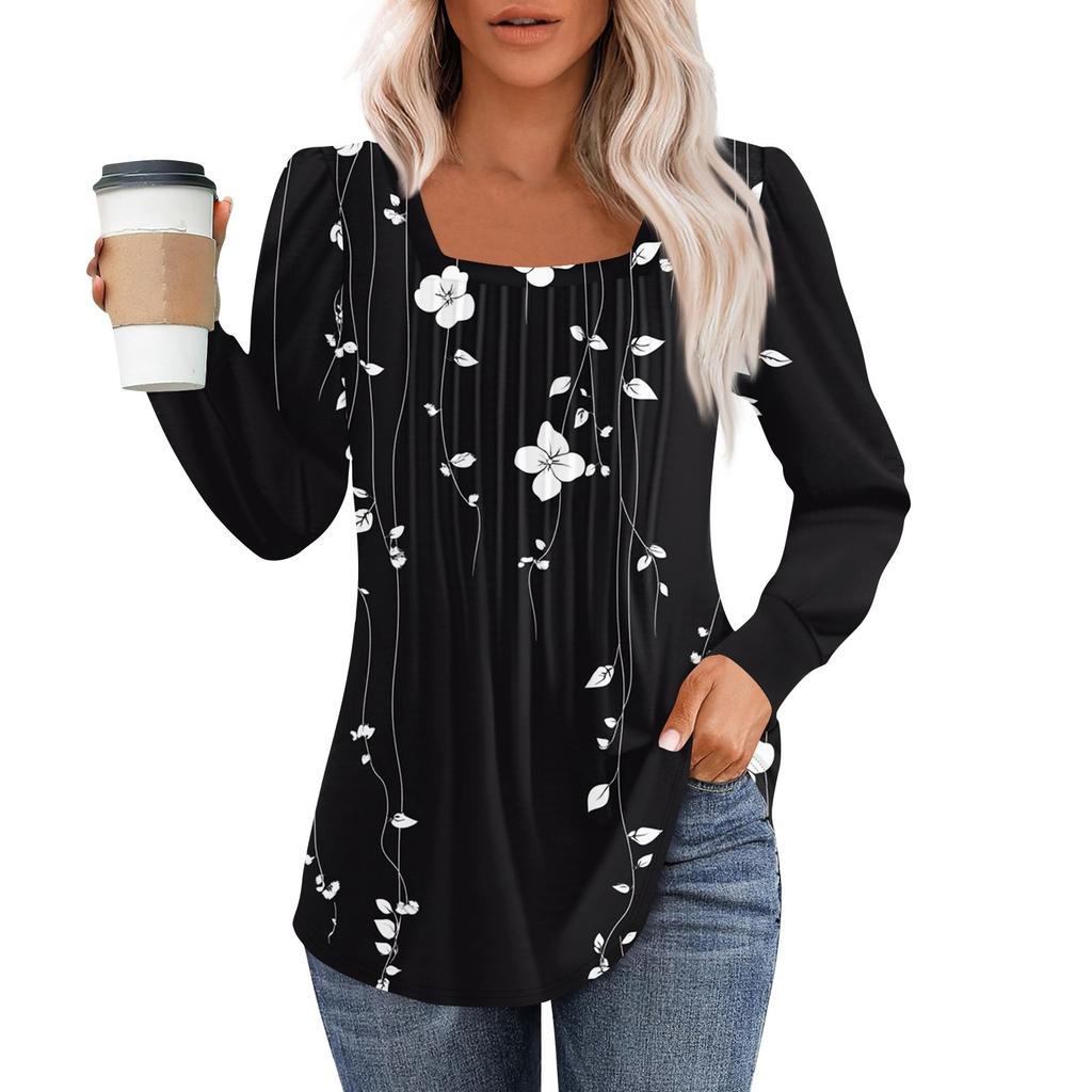 Camisas de manga comprida para mulheres, blusas casuais elegantes, plissadas, quadradas, gola redonda, túnicas
