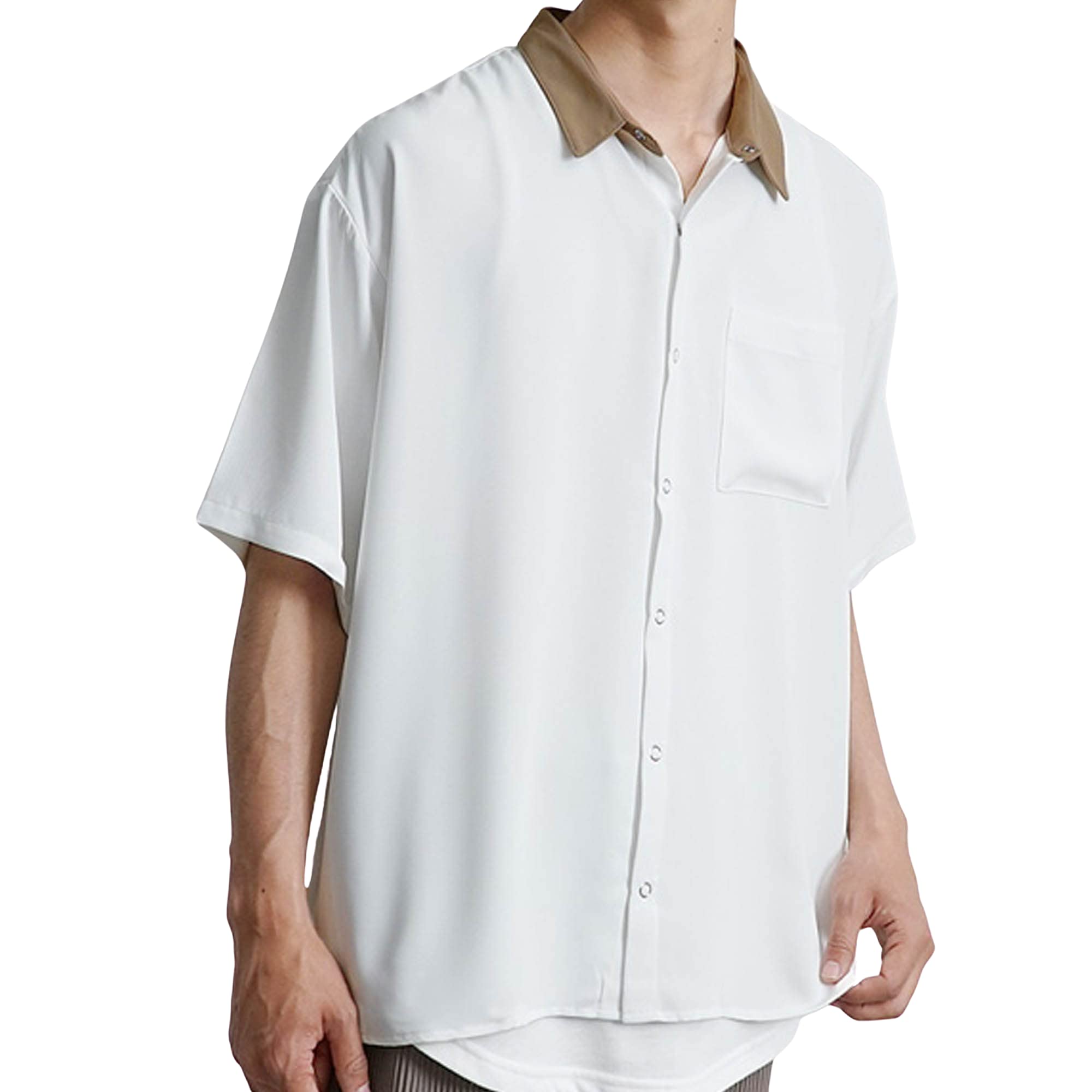 

клерка, кнопка, лето, осень, повседневный, белый, мужская рубашка с коротким рукавом, рубашка, пуговица, оверсайз, свободный, шелковистый, силуэт, мужская мода, одежда, белый