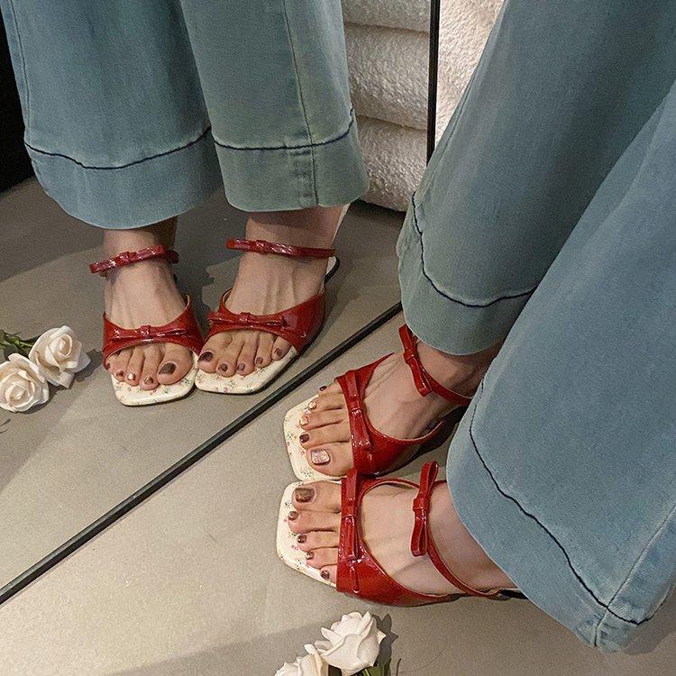 French Elegant Wedge Slippers Women's Head Temperament Open-toe Word with Bow High-heeled Sandals 2025 Summer New