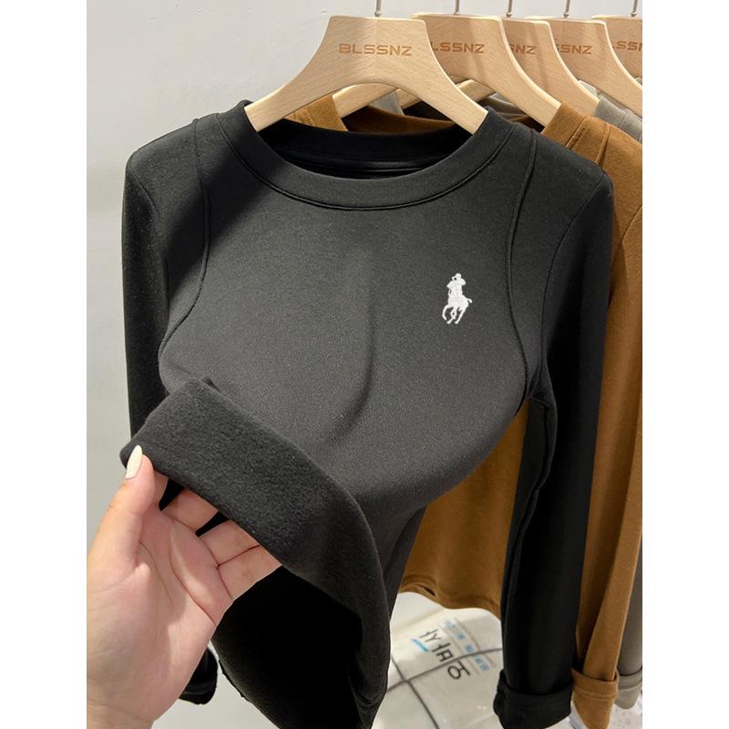 Korean Dongdaemun Embroidered Little Horse Velvet Lined Round Neck Women's T-shirt, Long Sleeve Autumn/Winter Top