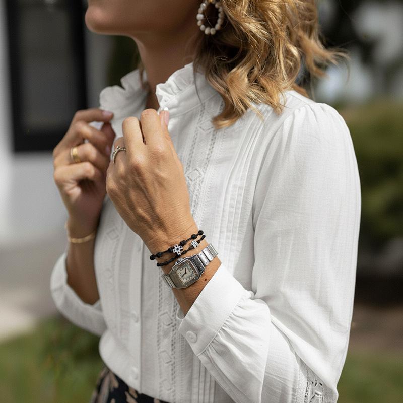 Camicia Bianca da Donna a Maniche Lunghe con Pizzo Intrecciato e Collo Alto - Stile Europeo e Americano - Collezione Autunnale