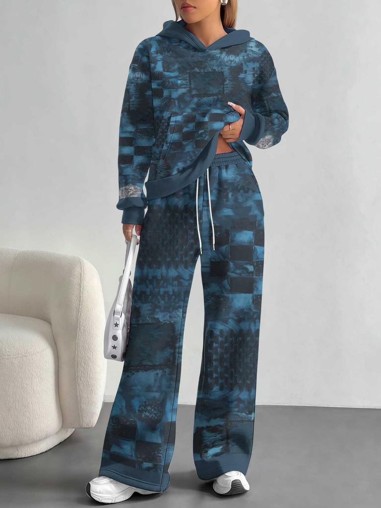 Flame splicing European and American autumn and winter casual long-sleeved suit women's hooded sweater trousers two-piece set