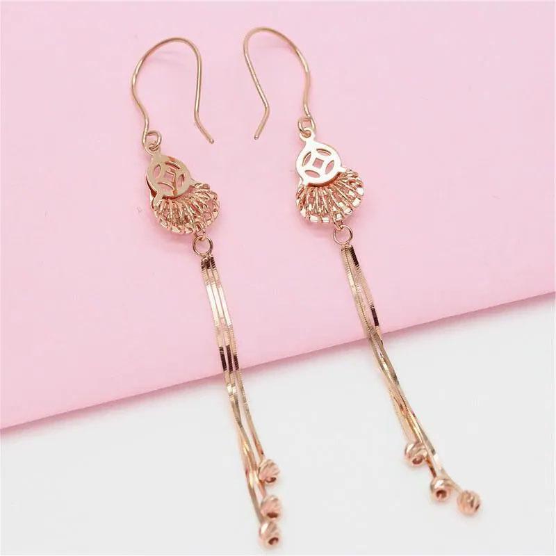 Pure Purple Gold Hollow Gourd Fringed Long Earrings Plated Rose Gold Color Gold Retro Earrings