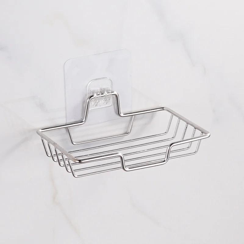 Stainless Steel Bathroom Soap Holder Wall Mounted No Drilling Kitchen Sponge Tray Holder Organizer Sticky Shower Soap Dish Rack