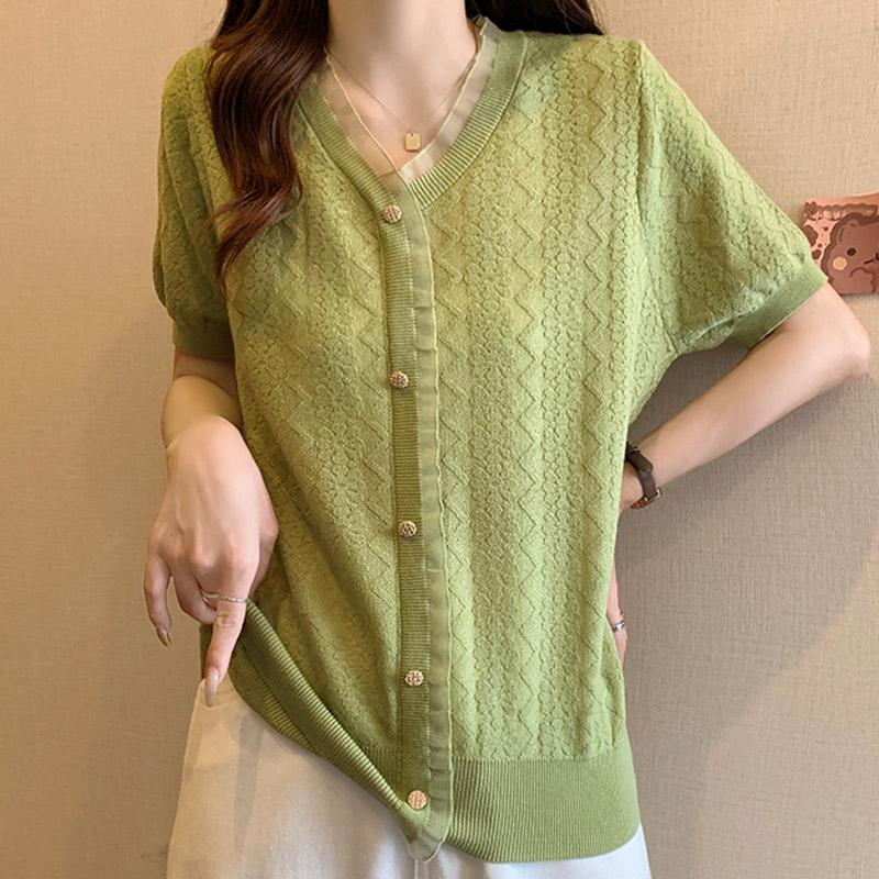 Women Sweaters Pullovers 2025 Summer Short Sleeve V-Neck White Knitted Sweater Women Tops Pullover JJ230