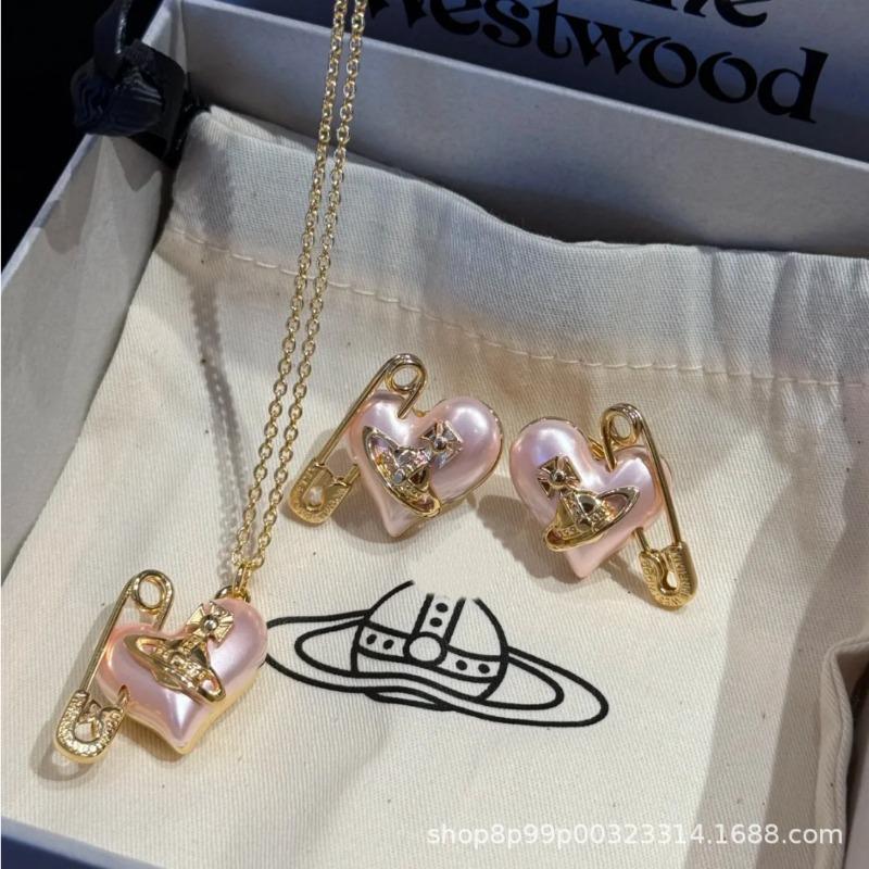 Queen Mother West's New Pink Pearl Love Pin Saturn Bracelet, Necklace, Earrings, Sweet Temperament Heart Shape